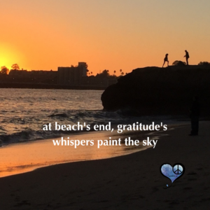Photo of Santa Cruz Beach at Sunset with Gratitude saying: At beach's end, gratitude whispers paint the sky